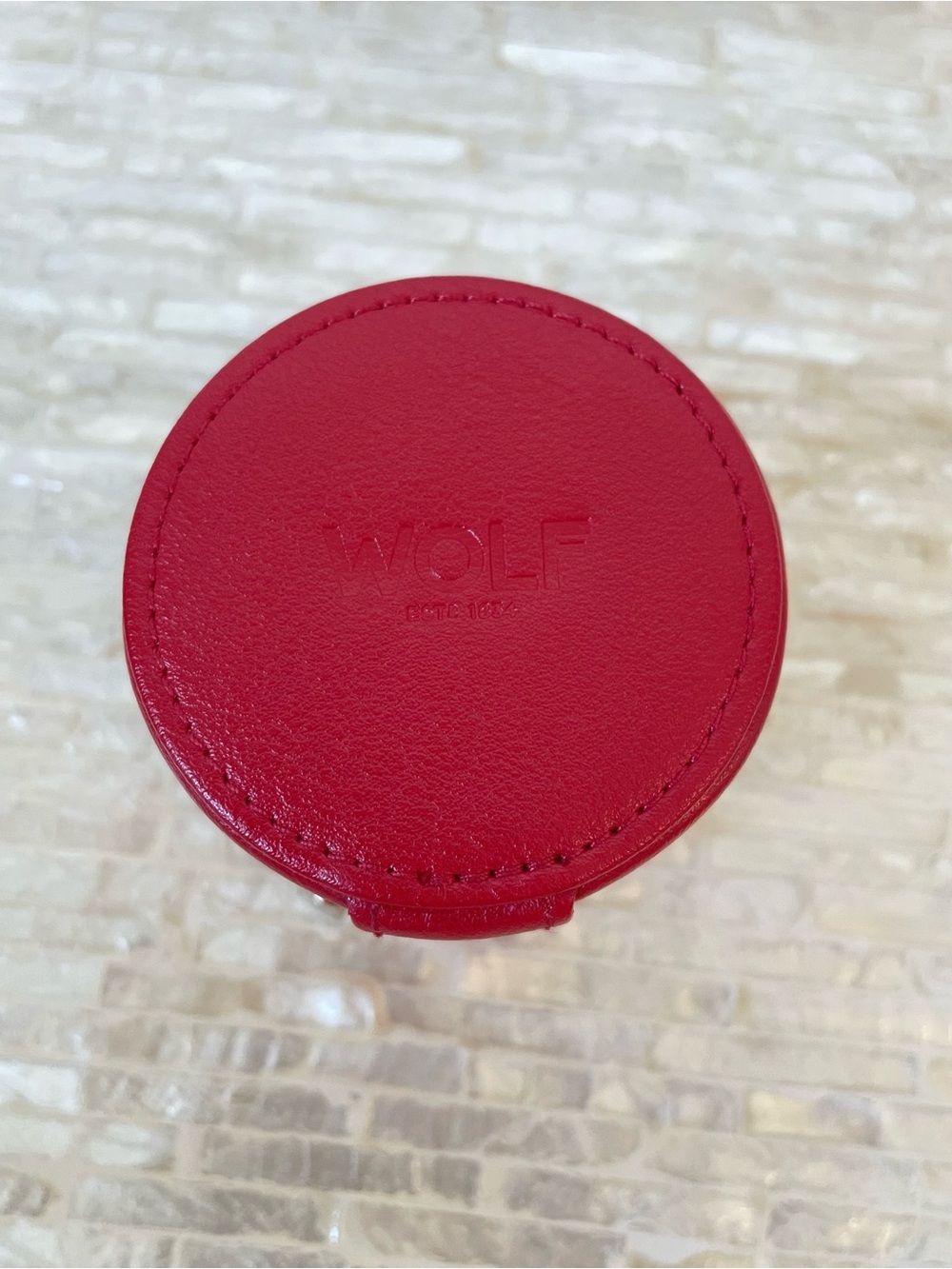 WOLF Red Round Jewelry Case with Gold Script - Picture 6 of 8
